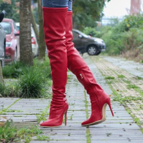 Women Pleated Over The Knee Boots Womens PU Leather Zipper Thigh High Boot Ladies Sexy Pointed Toe Super High Heel Female Shoes