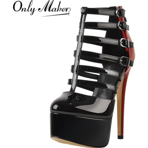 Onlymaker Summer Womens Platform Pumps Black Red Patent Leather Hollow Narrow Band Buckles Thin High Heel Shoes Zipper Big Size
