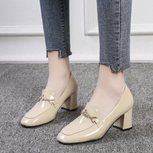 The four seasons new metal chain thick heel shoes female mature fashion occupation work high heel single shoe tide