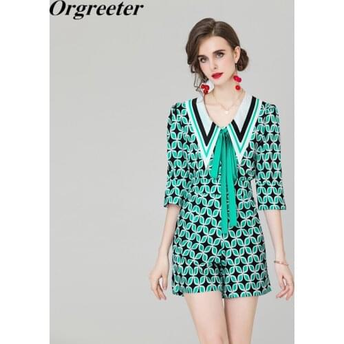 Fashion Casual Printted Shorts Two piece sets Women Summer Lapel Bow Tie Up Shirt Blouse +Wide leg Shorts Sets