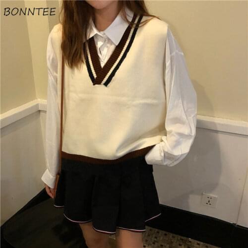 Sweater Vest Women Preppy Style Female Clothes Sleeveless All-match Trendy Patchwork Basic Students Ins Cropped Daily
