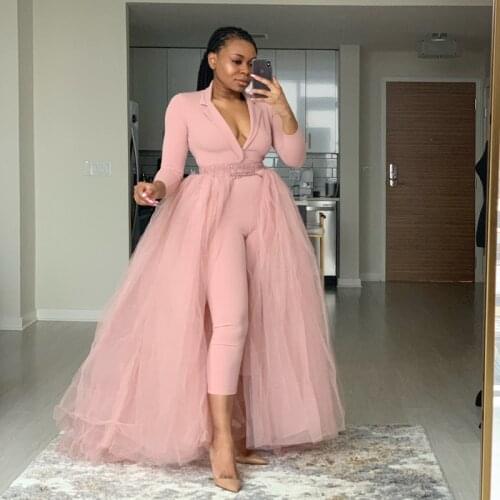Long Tulle Overlay Women Overskirt for Jumpsuit Prom Gowns Sweep Train Detachable Skirt Dusty Pink Tutu Elastic Waist Plus Size