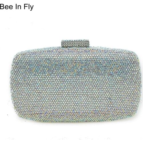 Women Evening Clutch Bag Diamond Metallic Clutch Female Crystal Day Clutch Wedding Purse Party Banquet AB Crystal Silver Chain