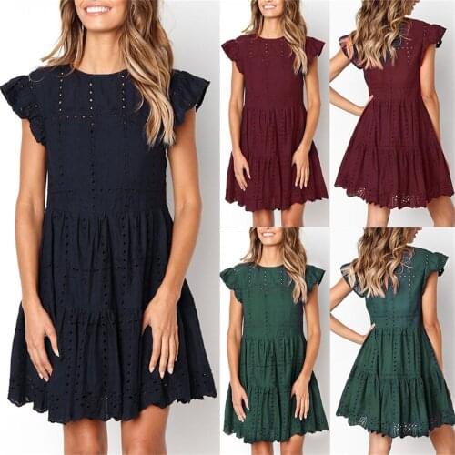 Womens round neck A-line skirt lotus sleeve hollow Pleated Dress loose casual party dress платье летнее женское2021