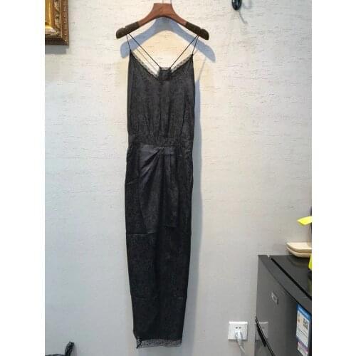 100% silk Jacquard women sling dress Lace stitching casual fashion temperament lady midi dress