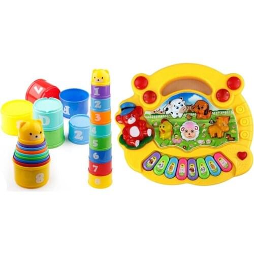1Pcs Baby Toy Animal Farm Piano Music Developmental Toys & 1 Set Baby Toys 6 Month+ Figures Letters Stack Cup Tower