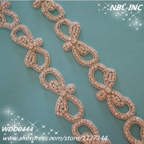 10 YARDS )Wholesale iron on bridal beaded silver rhinestone bow applique trim for wedding dress garment sash WDD0444