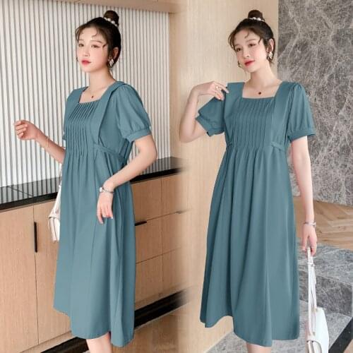 2021 Summer Korean Fashion Maternity Dresses Elegant A Line Loose Clothes for Pregnant Women Ties Waist Pregnancy Clothing