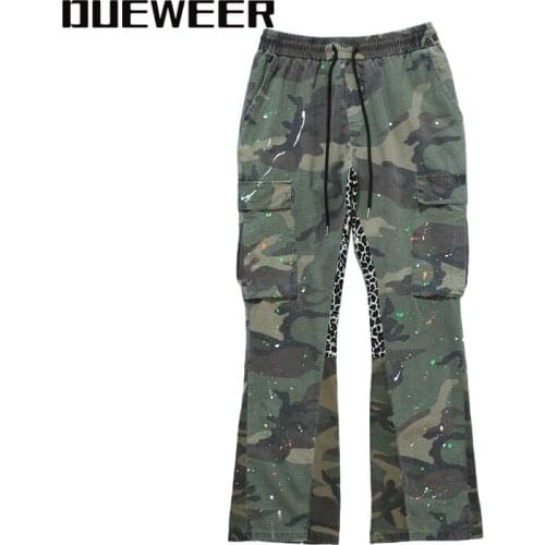Dueweer Hip Hop Leopard Stitching Flared Trousers Fashion Splash Ink Camouflage Cargo Streetwear Mens Camouflage Flare Pants