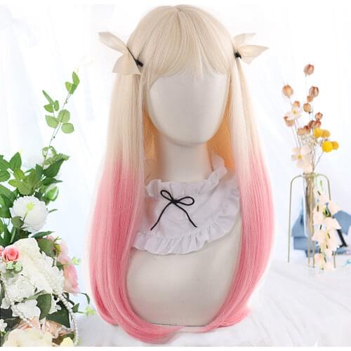Long Straight Platinum Blonde Gradient Pink Wigs with Bangs Cosplay Party Lolita Synthetic Wigs for Women Heat Resistant Fiber
