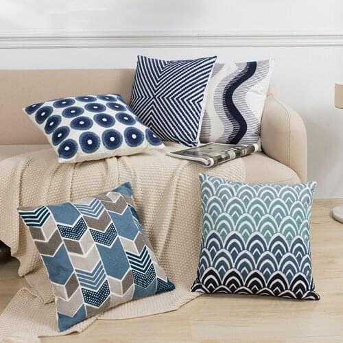 Home Decor Blue Cushion Cover 45x45cm Floral Geometric Embroidery Pillow Cover Soft Cozy for living Room Bed Room