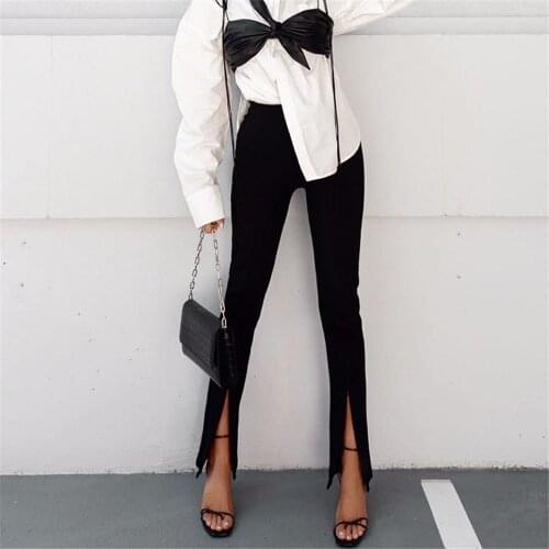 Elegant Women Front Slit Trousers with Zipper Solid Color High Waist Bell-Bottom Pants Slim Fit Legging For Spring And Autumn