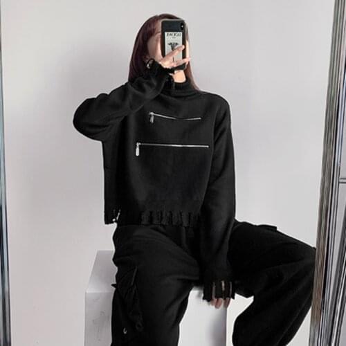 Europe Hot Girl Style Tassels Holes Knitwear Womens Autumn Winter Turtleneck Chest Zipper Long Sleeve Pullovers Sweater G5PG