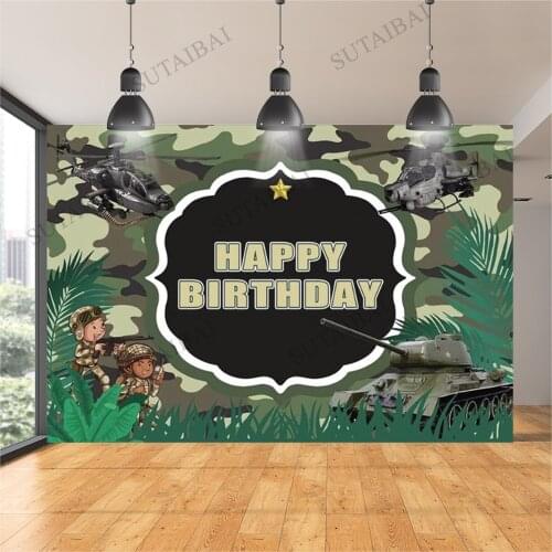 Camo Forest Cartoon Army Military Exercise Theme Background Boy Birthday Party Decor Helicopter Tank Photography Backdrop Studio