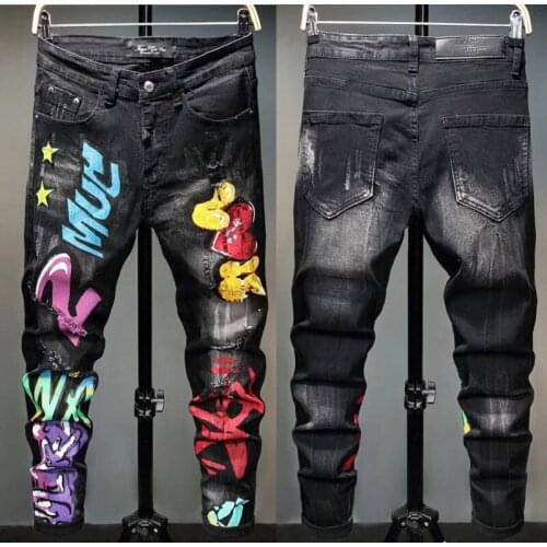 European American Style Fashion Brand Mens Slim Denim Trousers Straight Skulls Biker Hole Black Jeans Pants for Men