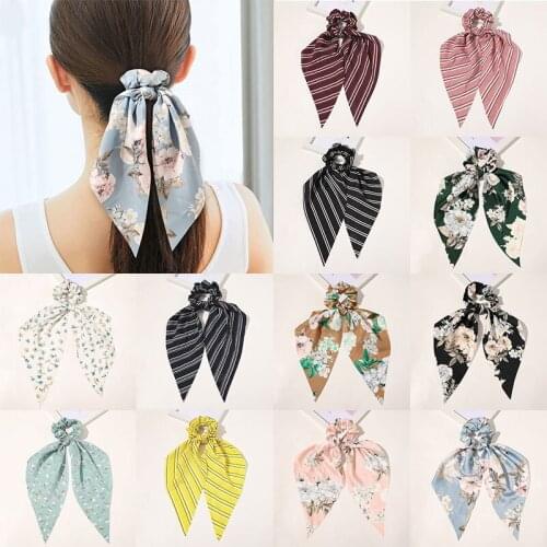Fashion Floral Print Scrunchies Solid Long Hair Ribbon For Women Ponytail Scarf Sweet Elastic Hair Band Hair Accessories