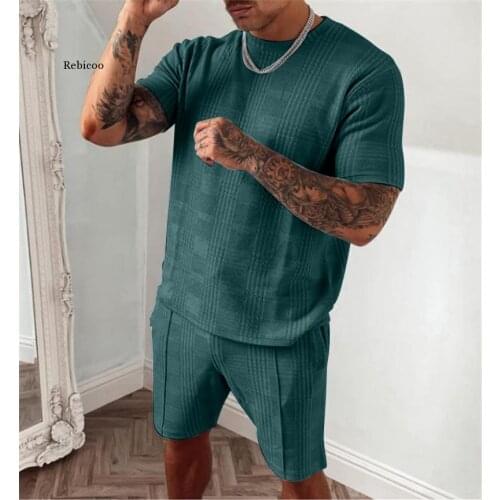 Mens Set 2 Piece Round Neck Jogging Plaid Tracksuit Short Sleeve T-Shirt +Beach Shorts Loose Fashion Sportswear 2021 Summer New