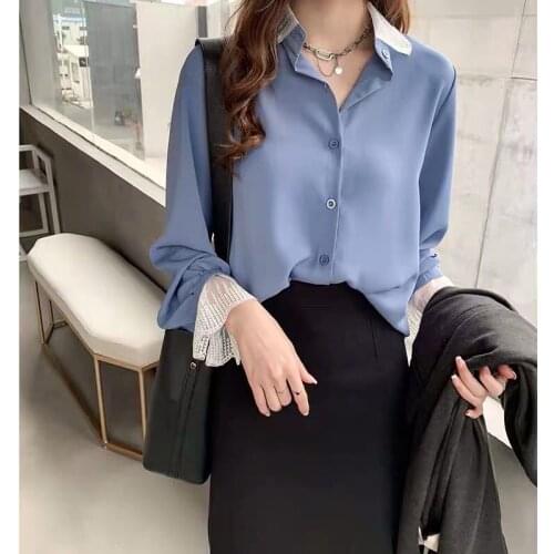 New Womens Chiffon Shirt Top Spring Summer Female Long Sleeved Button Loose Blouses Clothes Office Ladies Casual Shirts H9014