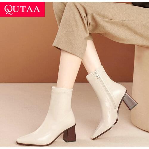 QUTAA 2022 Microfiber Autumn Winter Ankle Boots Pointed Toe Zipper Short Boots Square High Heel Women Shoes Size 34-39