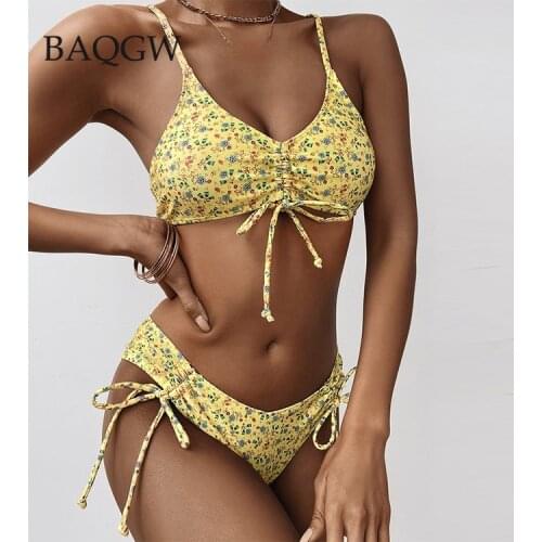 Two-Pieces Women Floral Print Push-Up Padded Bra Lace Up Bandage Bikini Set Swimsuit Swimwear Bathing Suit Beachwear Biquini