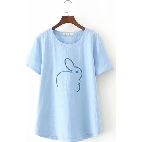 Plus Size XL-4XL Cute Rabbit Embroidered Summer Women Tshirts Large Size Short Sleeve Tops
