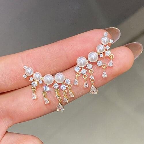 Luxury Female White Pearl Small Earring Classic Gold Color Stud Earrings Cute Round Crystal Stone Wedding Earrings For Women