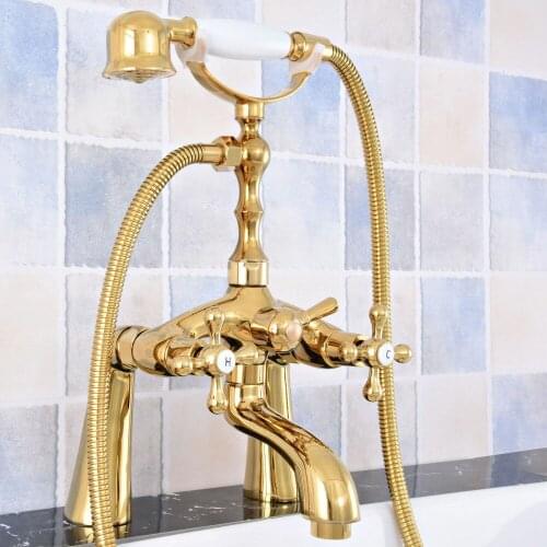 Deck Mounted Modern Polished Golden Brass Bathroom Tub Faucet Set with 150CM Handheld Shower Spray Head Bath Mixer Tap 2tf777