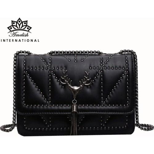 AMELISH Fashion Women Bag Designer Rivet Tassel Shoulder Handbag High Quality Black PU Leather Chain Purses for Lady Party Gift