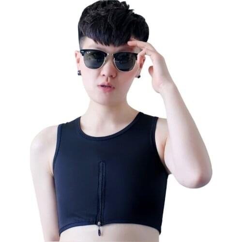 Tomboy Trans Lesbian Middle Zipper Bamboo Charcoal Fiber Chest Binder Flatten Breast Shaperwear Corset Plus Size Short Tank Top