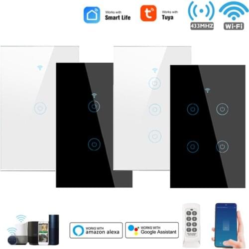 US WiFi 433MHZ Smart Touch Switch Tempered Glass Wall Switch Without Neutral Wire Compatible With Alexa Smart Life/TUYA APP