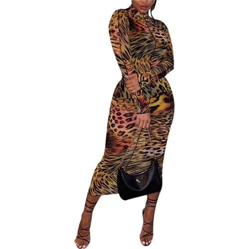 Xingqing Women’s Dresses Casual Long-sleeved Dress Sexy Mesh Yarn Leopard Stitching High-waist Skinny Mid-length Dress Costume