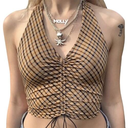 Null Women Summer Sexy Halter Sleeveless Crop Top Deep V-Neck Backless Plaid Print Slim Camisole Ruched Drawstring Front Mini