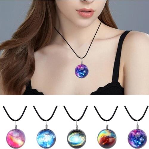 Womens Starry Sky Universe Pattern Pendant Necklace Creative Glass Space Pattern Pendant Necklace Charm Valentines Day Gift