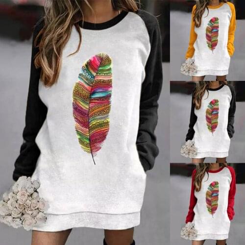 Ladies Contrast Color Long Sleeve Loose Printing Pocket Sweatshirt Dress O Neck Print Sweatshirts Casual Dress Elegant Vestido