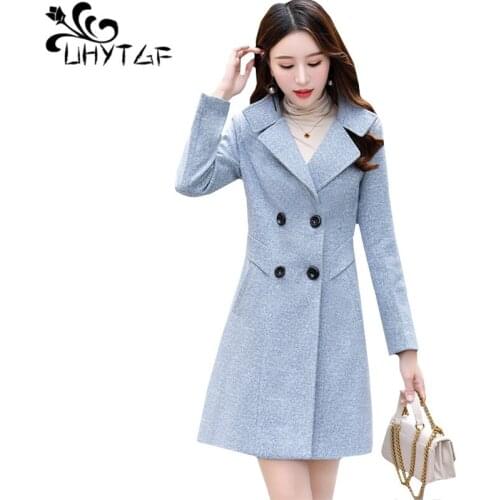 UHYTGF coat women fashion double-breasted Autumn winter wool coats lapel stitching slim elegant female jacket manteau femme 1106