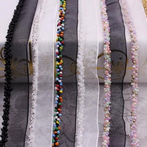 10yards/lot craft beaded fake pearls lace trim Organza bead lace ribbon neckline costume applique sewing on clothes