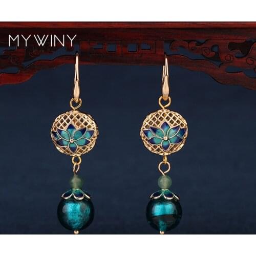 2 colors MYWINY New fashion jewelry Copper Net ball Cloisonne Lotus earrings women, Chinese wind glass glazed earrings green