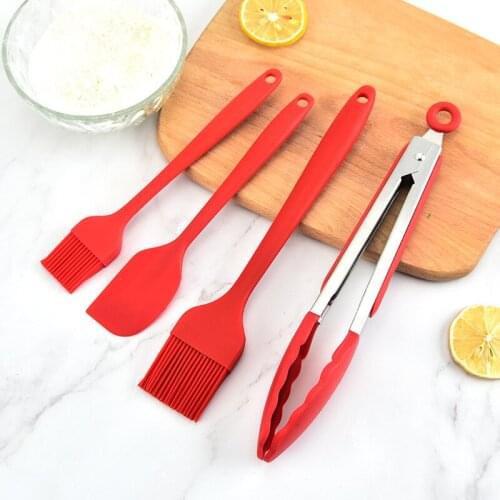 Large and small silicone oil brush, silicone spatula, silicone food clip, 4-piece set, baking and barbecue kitchen tool set