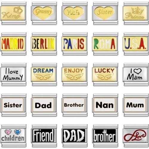 Hapiship Friend Dad King Madrid Wife Mum Daddy Prince Italian Charm Links Fit 9mm Stainless Steel Bracelet Jewelry Making DJ123