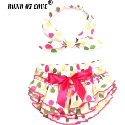 Baby clothes Girl Ruffle Bloomers Diaper Cover And Headband Toddler Cotton Colored Dots Bowknot baby Shorts 2 Colors YC028-1