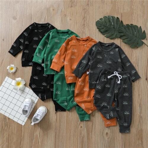 1-4Y Toddler Baby Boys Clothes Set Cotton Long Sleeve Baby Sun Print Sweatshirts+Pant Children Girls Casual Tracksuits Outfits
