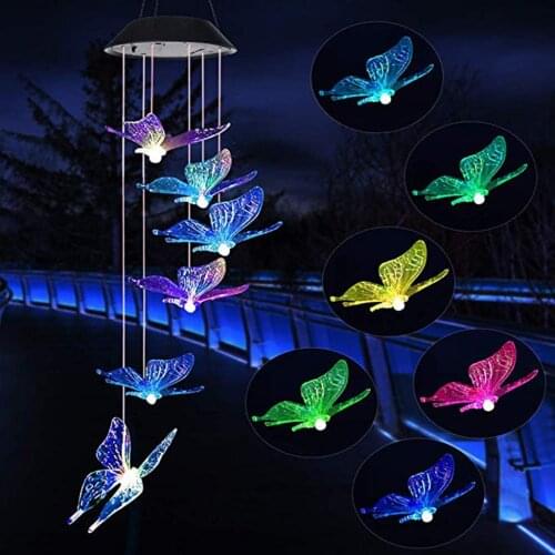 Energy Efficient Solar Color Changing LED Butterfly Wind Chimes Balcony Child Room Decor Garden Hanging Light Lamp Decoration