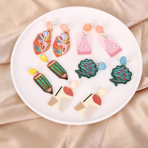 European and American personality cartoon face pencil fruit green tree nightclub acrylic sports printed color ear clip for women