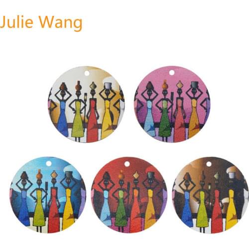 Julie Wang 5PCS 30mm African Women Charm Wood Round Cartoon Pattern Pendant Bracelet Necklace Jewelry Making Accessory