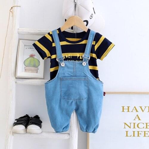 Summer Toddler Baby Boys Clothes Set Infant Striped T Shirt Tops Bib Jeans Pants Set Kids Children Clothing Vestido Infantil
