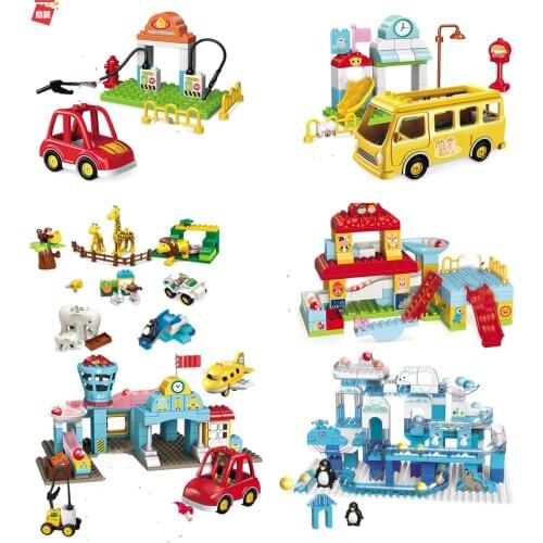 Big Size Building Blocks DIY Car Truck Plane School Bus Gas Station Model Bricks Educational Child Toy Compatible with Duplos