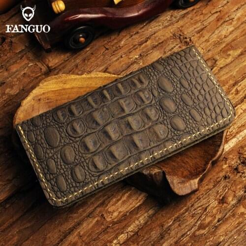 Crocodile Pattern Genuine Leather Mens Wallet Portable Long Wallet Retro Handmade Card Slot Holder Purse