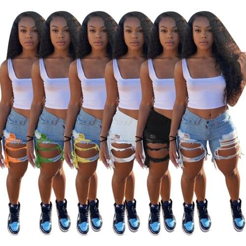 2021 Summer New Women Sexy Hole Tassel Light Color Washed High Waist Plus Size Jeans Shorts