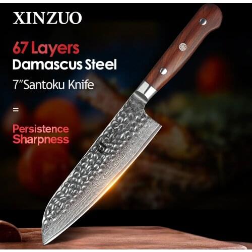 XINZUO High Quality 7"inch Santoku Knives Damascus Steel Chef Kitchen Knives Sharp Cleaver Knives Gift Knife Rosewood Handle