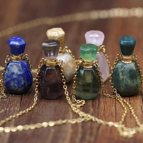 Natural Stone Perfume Bottle Pendant Necklace Rose Quartzs Lapis Lazulis Necklace For Jewelry Gift Length 66+5cm Size 16x33mm